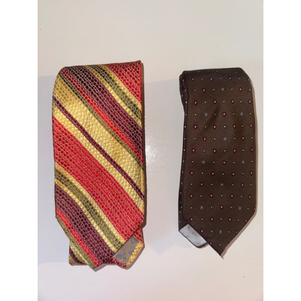 Christian Dior Vintage Silk Tie Lot Brown Medallion & Red Gold Striped Mens 2pc